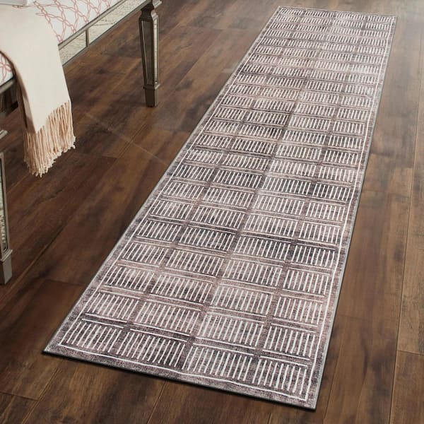 Bohemian Stripe Lines Washable Non Slip Brown 2 ft. x 10 ft. Runner Rug