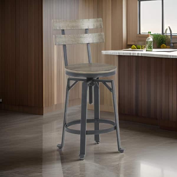 Benjara 35.5 in. Brown and Black High Back Metal Bar Stool with Wooden Seat (Set of 2)