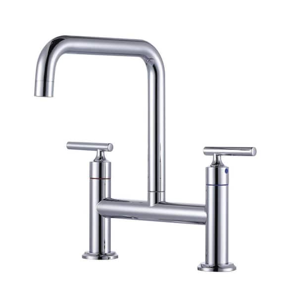 8 in. Centerset Double Handle Brass Bridge Kitchen Faucet with Sink Hole Cover in Polished Chrome