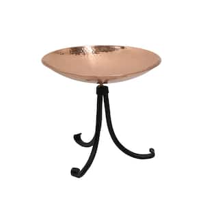 14 in. W Stainless Steel Birdbath, Round Polished Copper Plated with Black Wrought Iron Tripod Stand