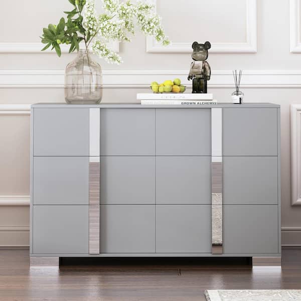 Polibi Modern 6-Drawers Dresser with Metal Handle, Mirrored Storage Cabinet, Gray