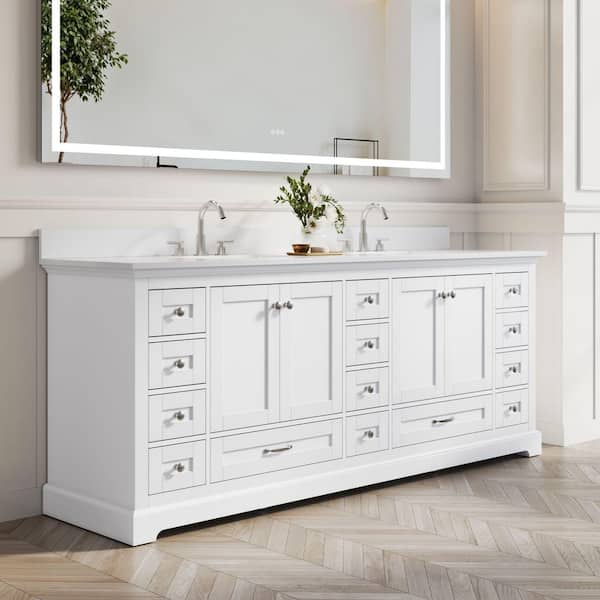 84in.W x 22in.D x 34in.H Double Sink White Freestanding Bath Vanity w/ White Cultured Marble Top, Baskplash, Assembled