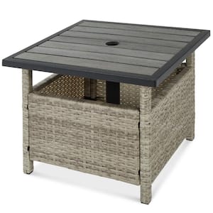 Gray Wicker Rattan Patio Side Table Outdoor Furniture for Garden, Pool, Deck with Umbrella Hole