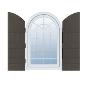 14 in. W x 85 in. H Vinyl Exterior Arch Top Joined Board and Batten Shutters Pair in Musket Brown