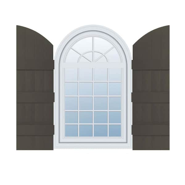 Builders Edge 14 in. W x 85 in. H Vinyl Exterior Arch Top Joined Board and Batten Shutters Pair in Musket Brown