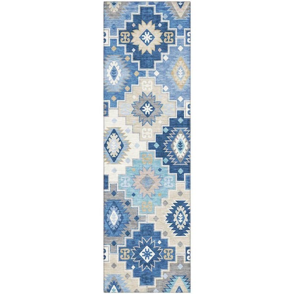 Mayfield Premium Machine Washable Abstract AMF2123 Blue 2 ft. x 7 ft. Runner Rug