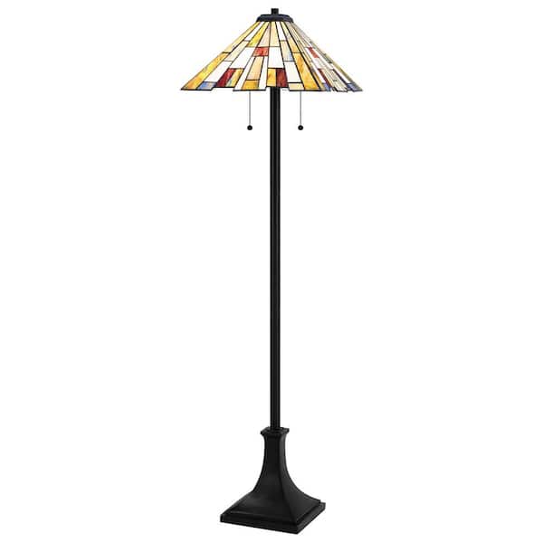 Home Decorators Collection Fallsdale 62 in. 2-Light Matte Black Floor Lamp with Tiffany Glass Shade