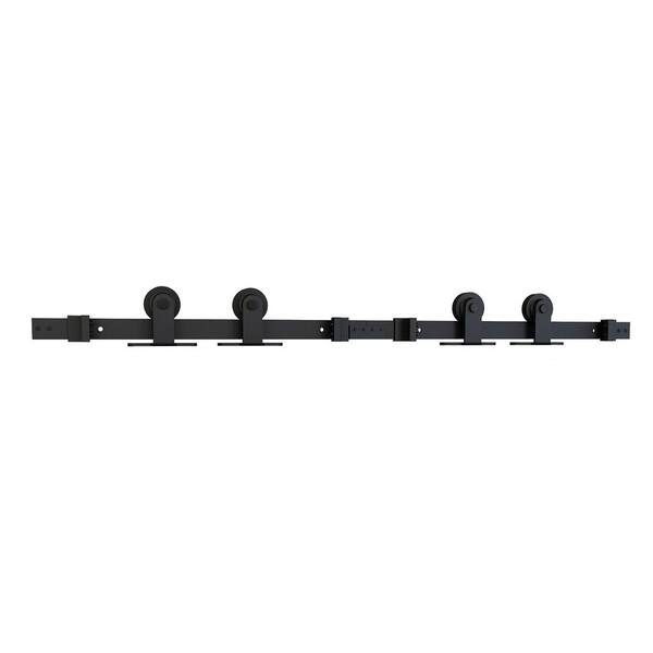 American Pro Decor 137.75 in. Black Solid Steel Sliding Barn Door Hardware Kit for Double Wood Doors w/Routed Floor Guide (2-Piece Rails)