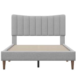 Full Size Linen Upholstered Wood Platform Bed Frame with Vertical Channel Tufted Headboard, No Box Spring Needed,Gray