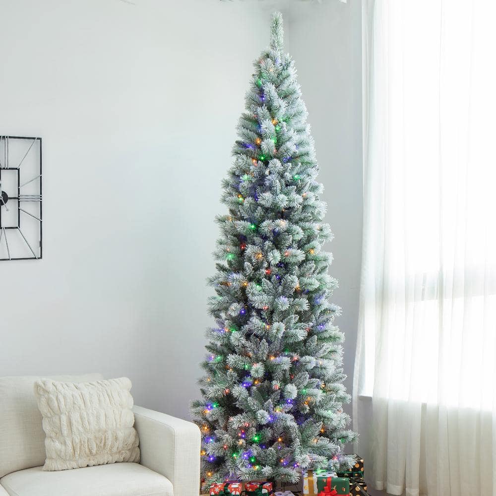 9' White Flocked Pine Christmas Tree with Multicolored Lights