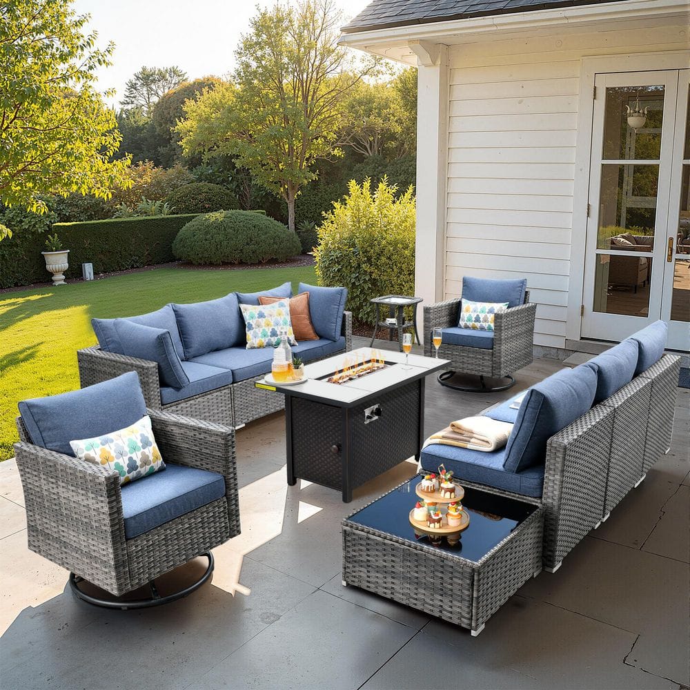 Messi Gray 11-Piece Wicker Patio Conversation Sectional Sofa Fire Pit Set with Swivel Chairs and Denim Blue Cushions price history on PriceWatchPro