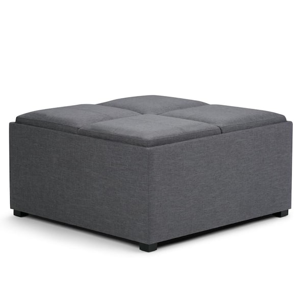 Simpli Home Avalon 35 in. Contemporary Square Storage Ottoman in Slate Grey Linen Look Fabric