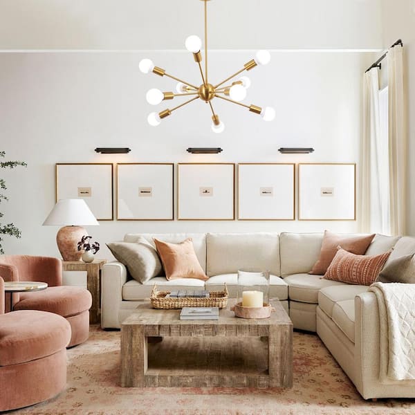10-Light Gold Linear Sputnik Chandelier for Living Room Kitchen Island with No Bulbs Included