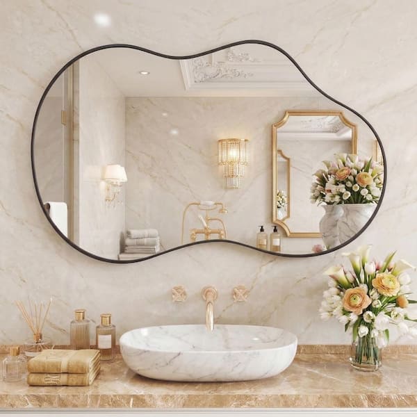 Black 24 in W x 36 in. H Abstract Wavy Irregular Aluminum Alloy Framed Mirror for Bathroom, Living Room, Entryway