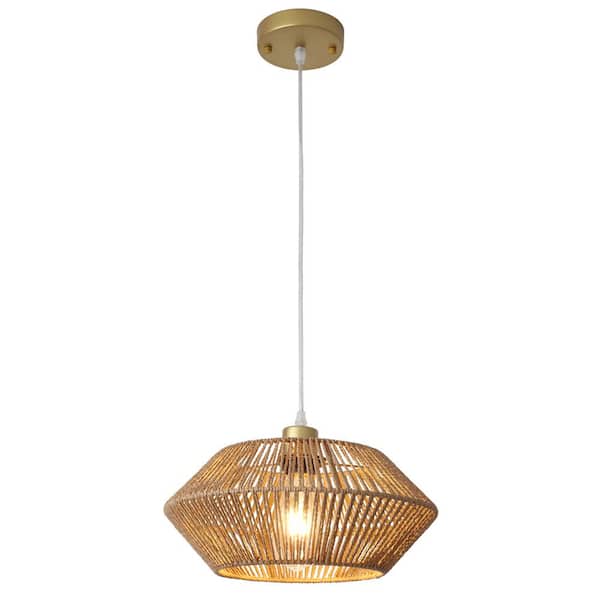 ADSENSTY 1-Light Gold Cage Chandelier with Rattan Shade, Adjustable Hanging Length Semi-Flush Mount Light