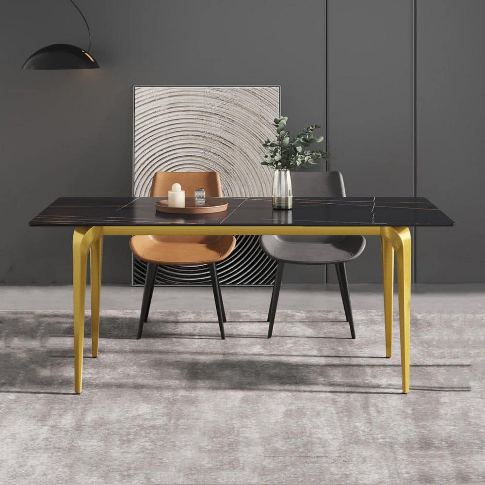 Reviews for Magic Home 70.87 in. Rectangle Black Luxury Sintered Stone Top Gold Metal 4 Legs ...