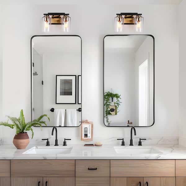 Modern 12 in. 2-Light Brass Gold Bathroom Wall Sconces, Seeded Glass Bath Lighting, Transitional Black Vanity Light