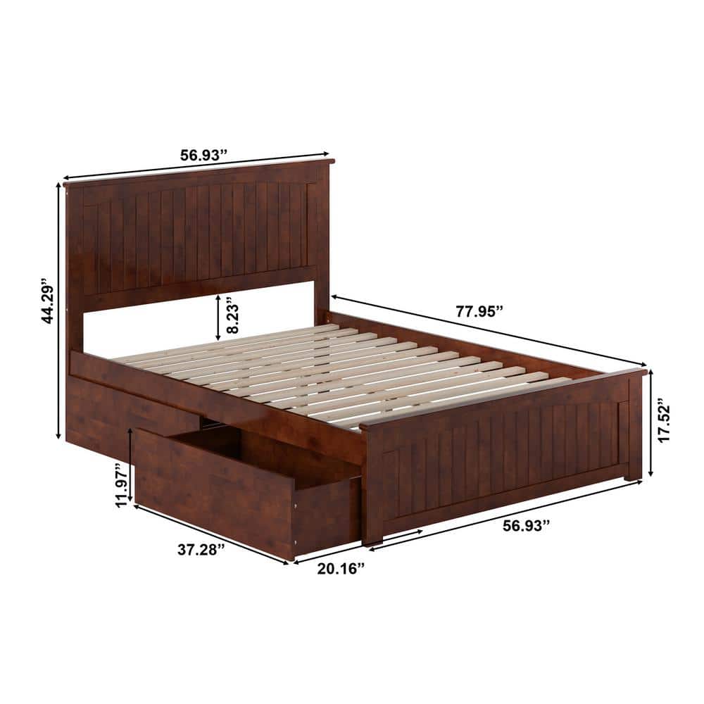 Nantucket Walnut Full Wood Platform Bed with Storage Drawers