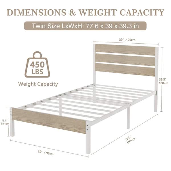 Twin Bed Frame with Brown Wood Headboard and Footboard, No Box Spring Needed, Strong Metal Slats Support Platform Bed