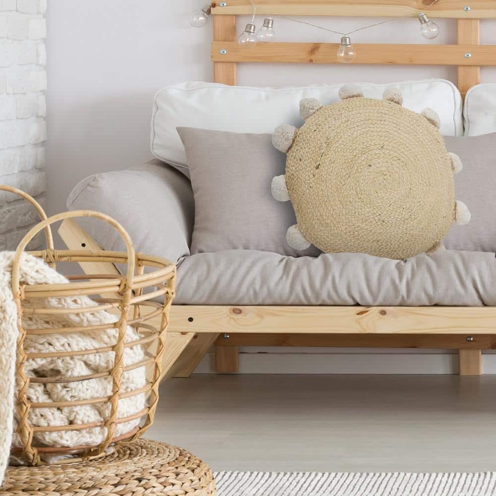 Round Natural Jute Throw Pillow with Pom Pom Border