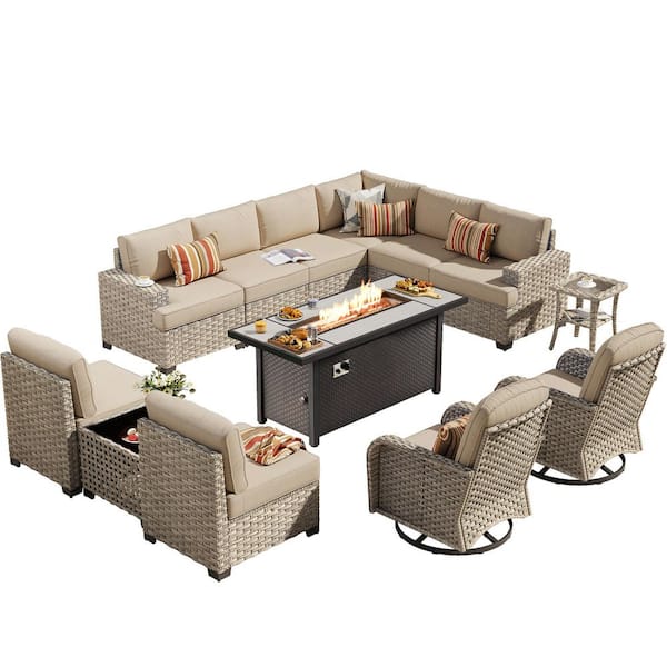 Reverie 13 Pieces Wicker Outdoor Patio Rectangular Fire Pit Set and Swivel Rocking Chairs with Beige Cushions