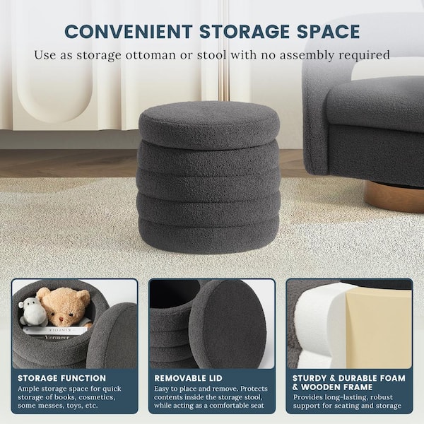 Bayville Modern 16" Tall Sherpa Fabric Tufted Round Storage Ottoman in Charcoal Gray