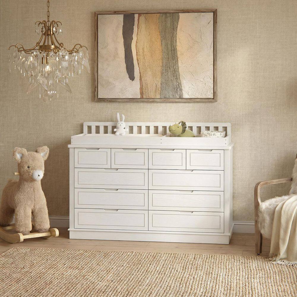 White 100% Pine Solid Wood 10 Drawer 55.1 in. Dresser without Mirror with Changing Table,Chest of Drawers,Accent Storage