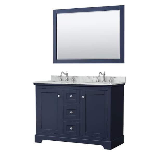 Wyndham Collection Avery 48 in. W x 22 in. D x 35 in. H Double Bath Vanity in Dark Blue with White Carrara Marble Top and 46 in. Mirror