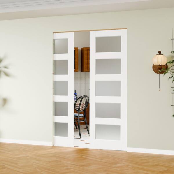 56 in. x 80 in. 5-Lite Frosted Glass, Solid Core, DIY Painted, White Primed, MDF Sliding Door with All Hardware