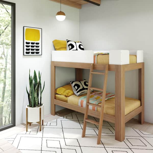 Pecan/White Twin Over Twin Mid-Century Modern Bunk Bed