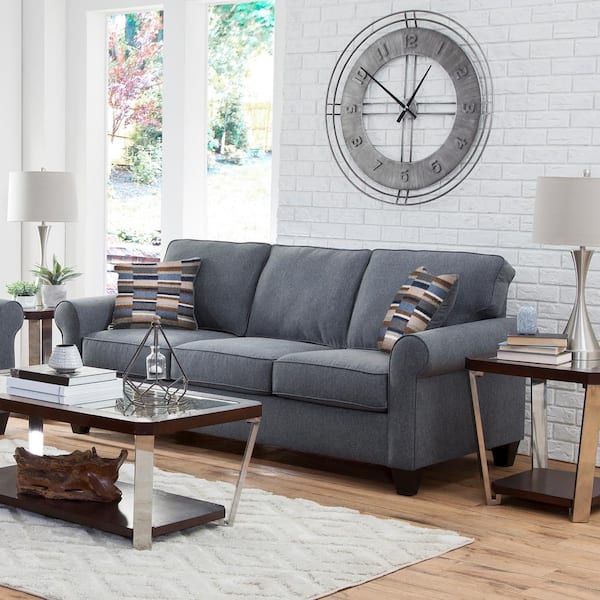 Eureka Collection 82 in. Wide Rolled Arm Fabric Rectangle Sofa with 2-Throw Pillows in Blue