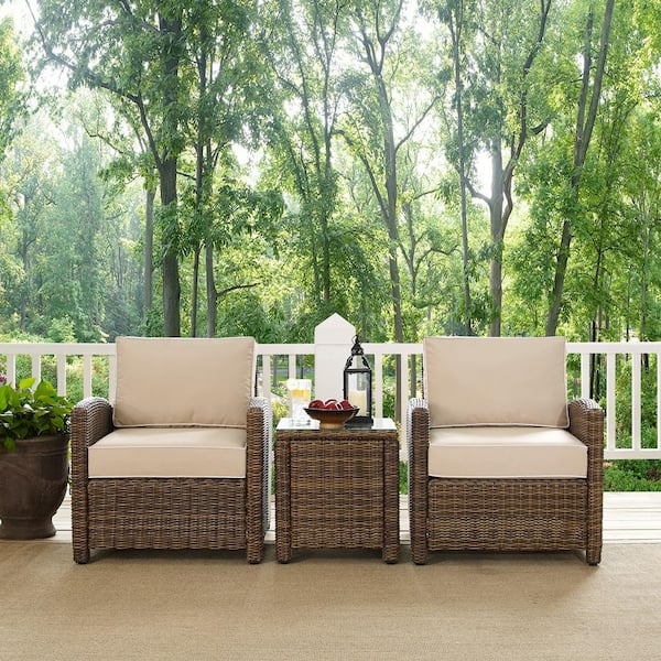 Bradenton 3-Piece Wicker Outdoor Conversation Set with Sand Cushions - 2 Arm Chairs and Side Table