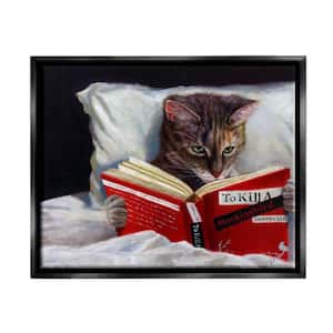 Cat Reading a Book in Bed Funny Painting by Lucia Heffernan Floater Frame Typography Wall Art Print 21 in. x 17 in.