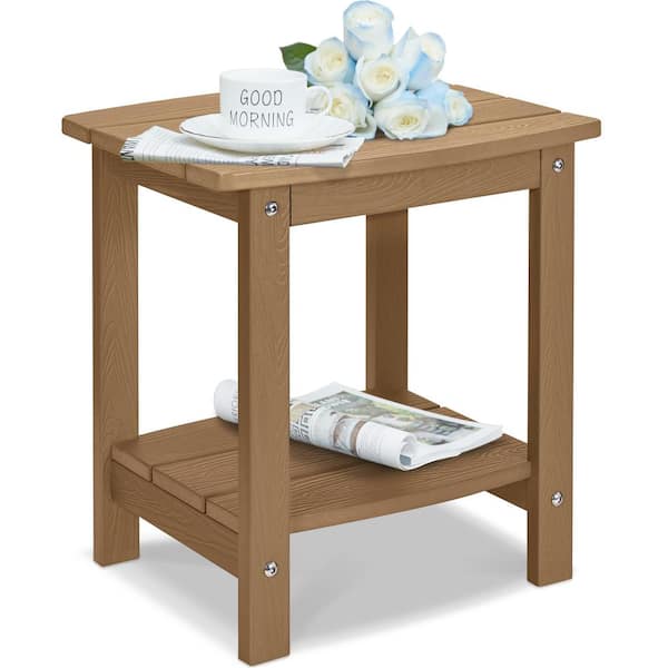 Waterproof Double Tier Brown Rectangle HIPS Plastic 16.7 in. Outdoor Side Table