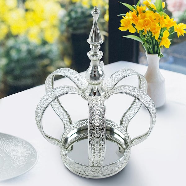 LIVING LUXURY Silver Table Decor Decorative Crown Metal Accent Piece with Mirror 10 in.