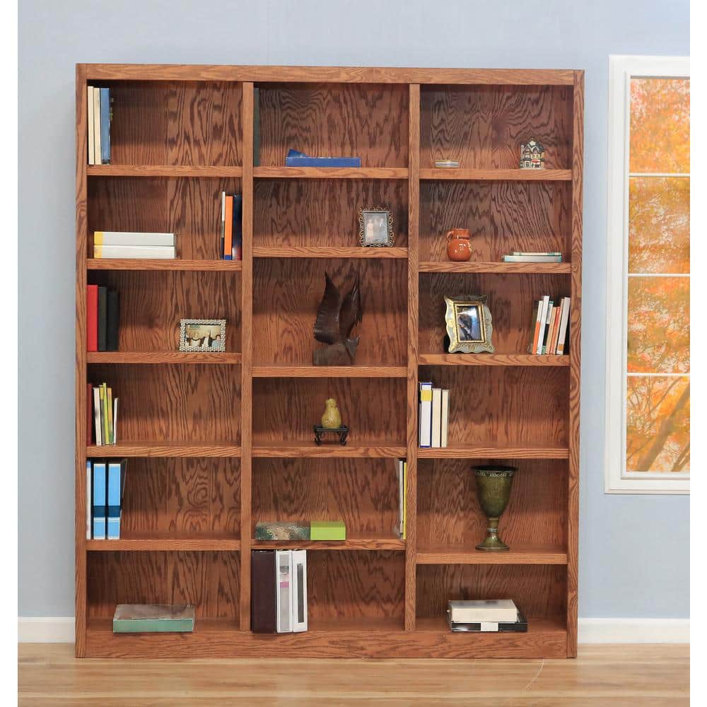 Traditional Dry Oak 84" Triple Wide 18-Shelf Bookcase