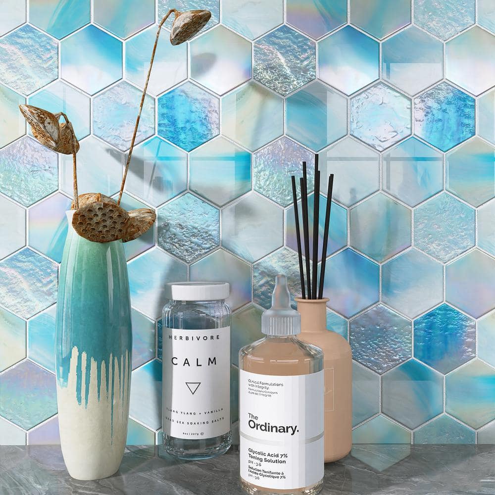 Aurora Blue Glossy Glass Hexagonal Mosaic Tile
