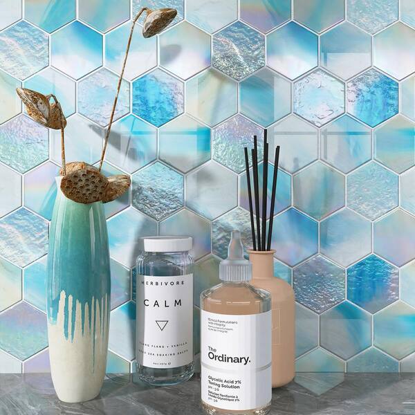 MOLOVO Aurora Blue 10.24 in. x 11.82 in. Hexagon Glossy Glass