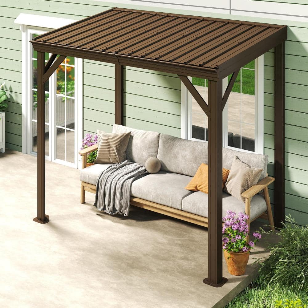 8 x 5 FT Brown Outdoor Lean to Hardtop Wall Mounted Gazebo with Sloping Galvanized Steel Roof and Drainage System price history on PriceWatchPro