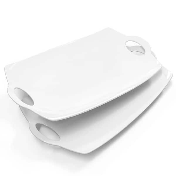 Porcelain Serving Trays with Handles, 9.3 in. W x 1.2 in. H x 15.75 in. D, Rectangular, White, Microwave Safe (Set of 2)
