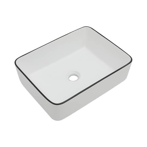 Sarlai 16 in. White Porcelain Ceramic Rectangular Vessel Bathroom Sink without Faucet, White and Black
