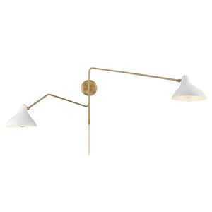 86 in. W x 20.5 in. H 2-Light White and Natural Brass Adjustable Wall Sconce with White Metal Shades