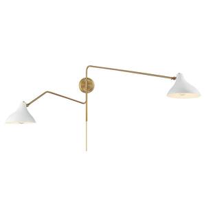 86 in. W x 20.5 in. H 2-Light White and Natural Brass Adjustable Wall Sconce with White Metal Shades