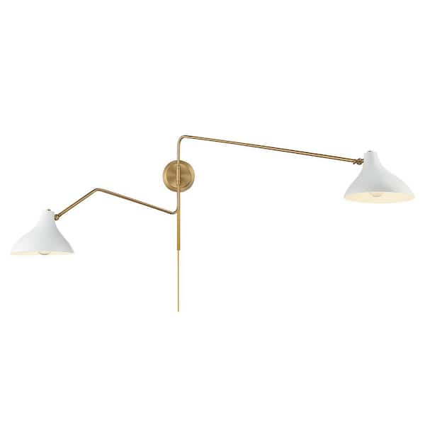 TUXEDO PARK LIGHTING 86 in. W x 20.5 in. H 2-Light White and Natural Brass Adjustable Wall Sconce with White Metal Shades