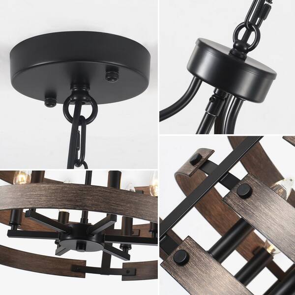 LWYTJO 6-Light Black and Imitation Wood Grain Farmhouse Chandelier