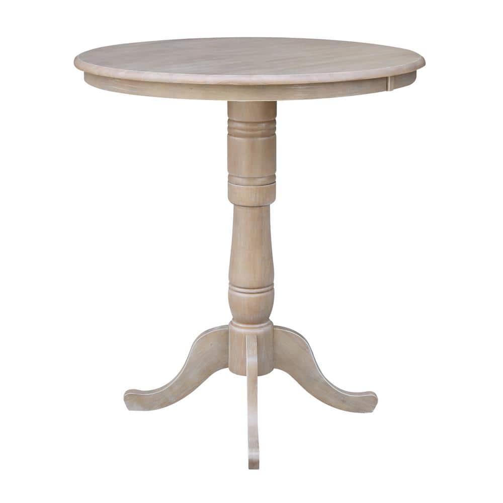 Weathered Gray Solid Wood Bar Height Dining Set with Round Pedestal Table and Cross Back Stools