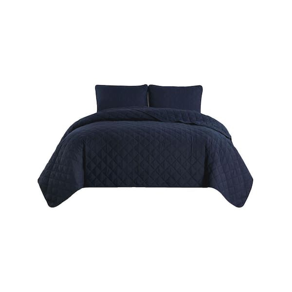 Swift Home All-Season 3-Piece Navy Solid Color Microfiber Full/Queen Quilt Set