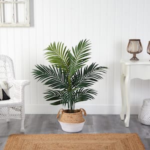 4 ft. Green Kentia Palm Artificial Tree in Boho Chic Handmade Cotton & Jute White Woven Planter