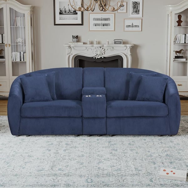 Unbranded 92 in. Straight Arm Corduroy Upholstered Modular Large Curved Sectional Sofa with Cupholders and USB Ports in. Navy Blue