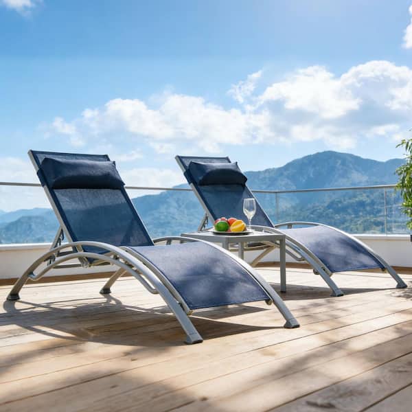 3-Piece Blue Metal Outdoor Lounge Chair and Table